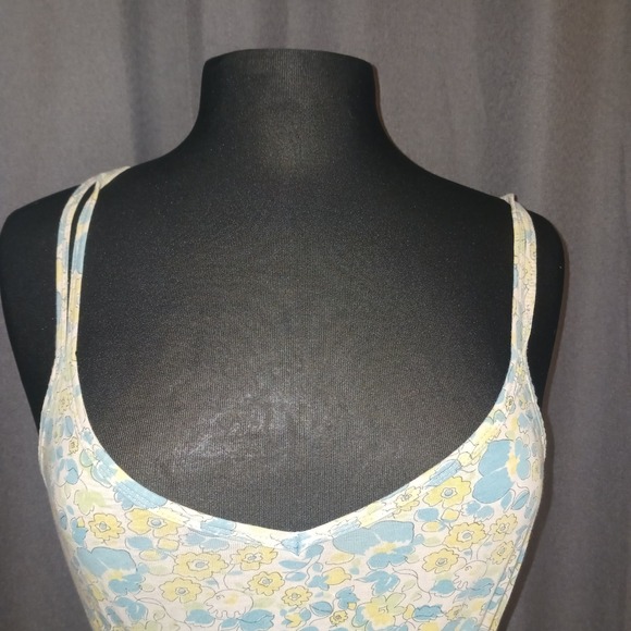 Floral Smocked Peplum Camisole Top Blue Yellow Dainty Double Strap Cottagecore L - Picture 2 of 5
